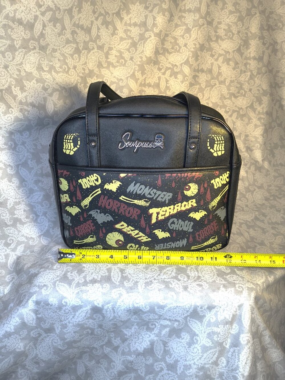 Black Sourpuss Oh the Horror Bowler handbag 10 x 11" with feet - Picture 3 of 14